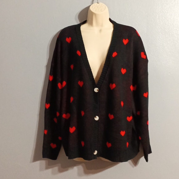 Shein Plus black with red ♥️ heart pattern drop shoulder duster cardigan 3xl - Picture 3 of 17